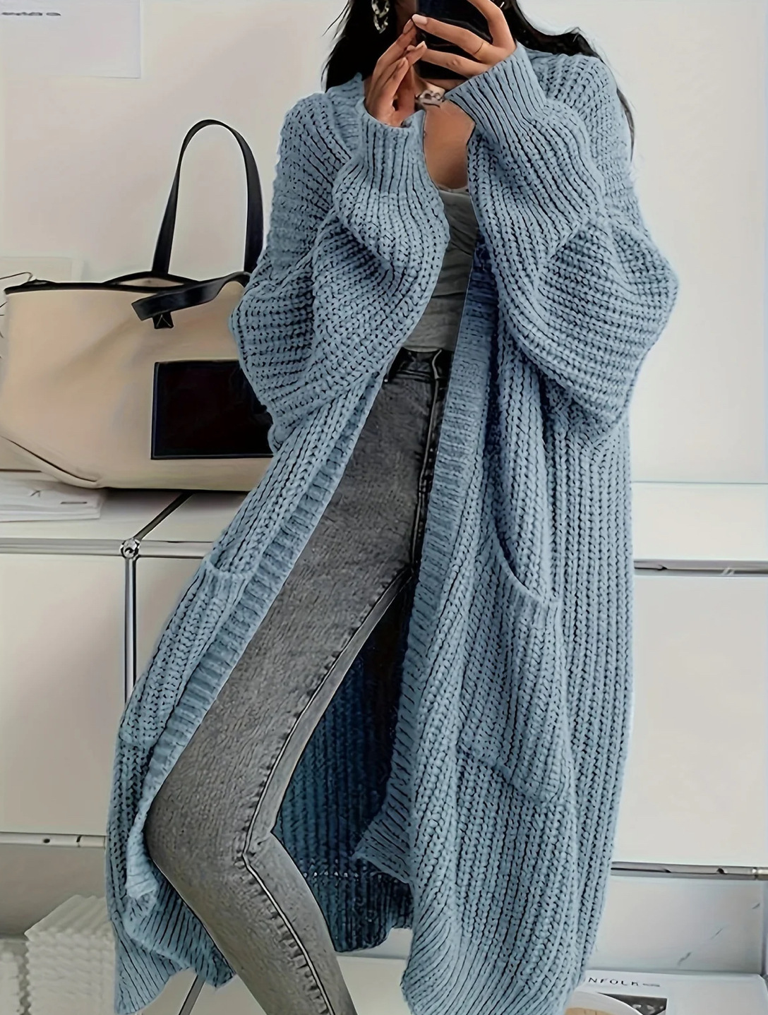 Women's Long Over-Knee Knit Cardigan Loose V-Neck Open Front Sweater Coat