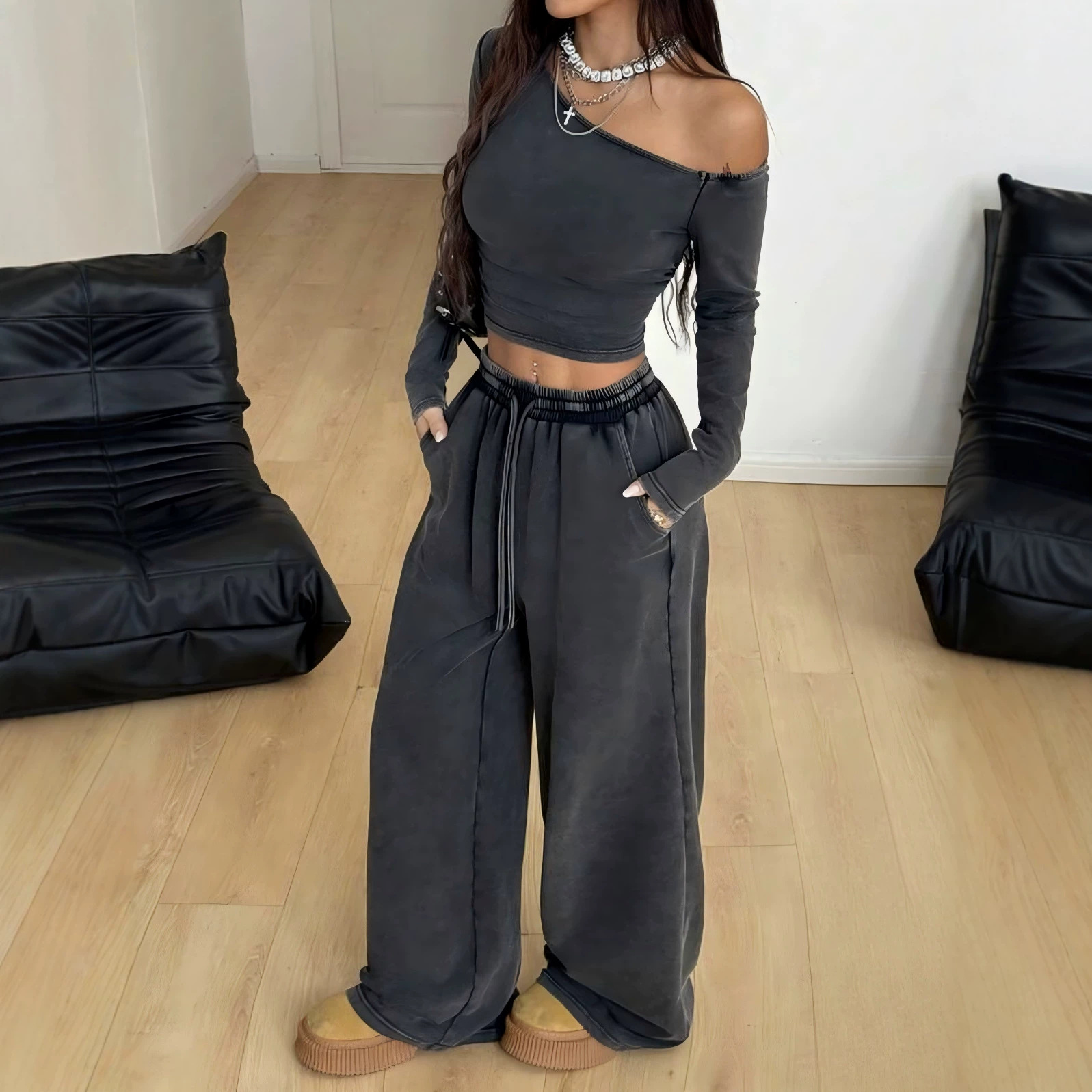 Washed Off-Shoulder Top & Wide-Leg Pants Lounge Set