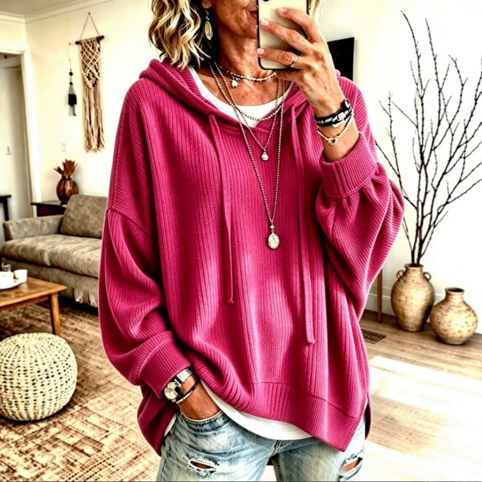2026 Women's Knit Hooded Drawstring Sweatshirt Jacket Casual Loose Fit for Europe & America Cross-border Amazon Independent Site