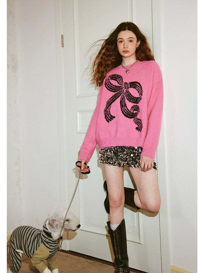 Bow Detail Fuzzy Knit Crewneck Sweater