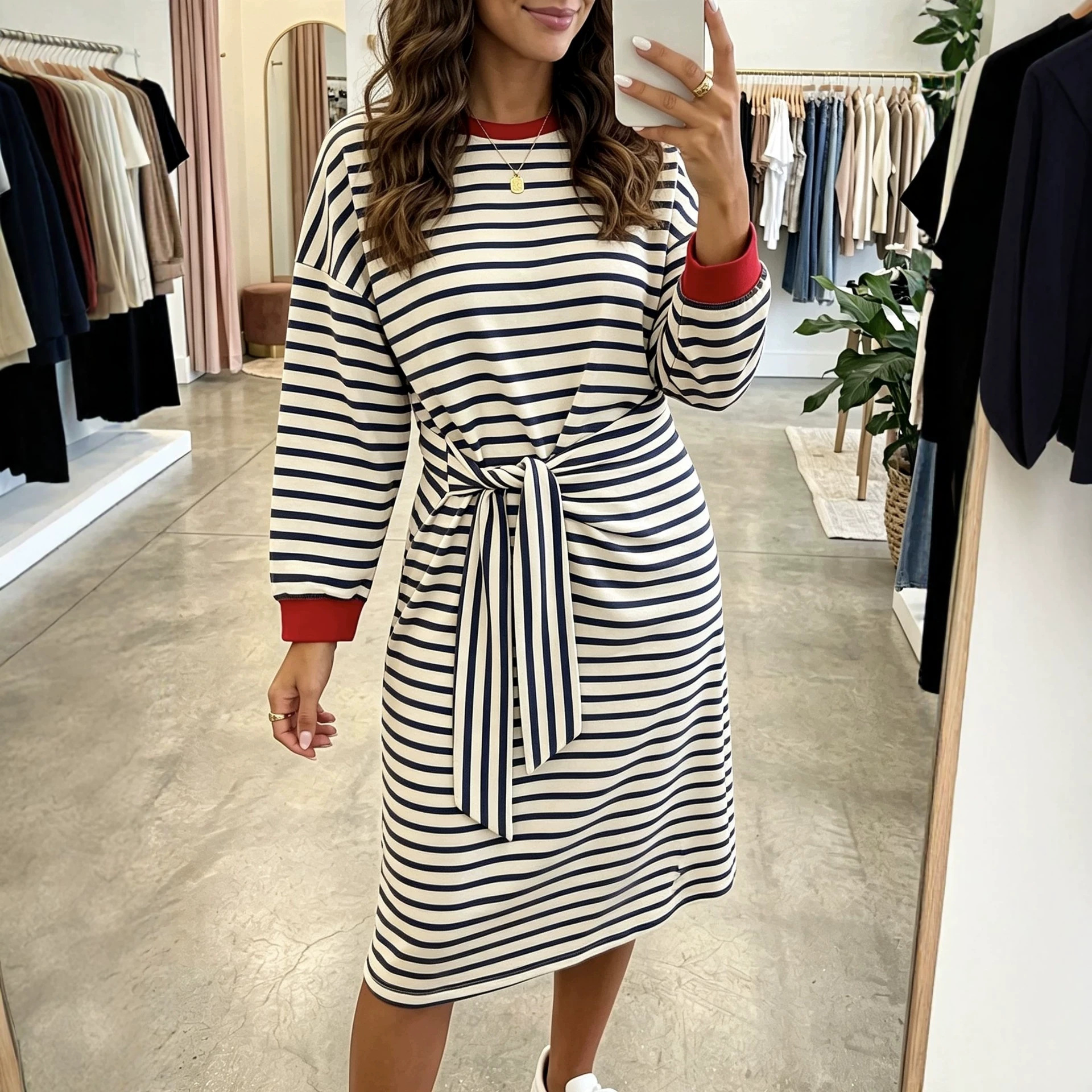 Striped Patchwork Long Sleeve Tie-Waist Loose Casual Dress