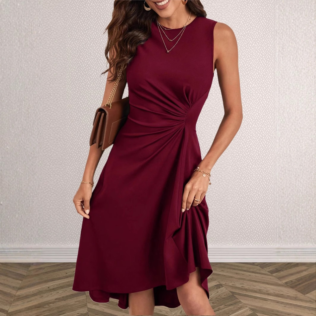 Women's Round Neck Long Sleeve Slim Fit Slit Solid Color Dress