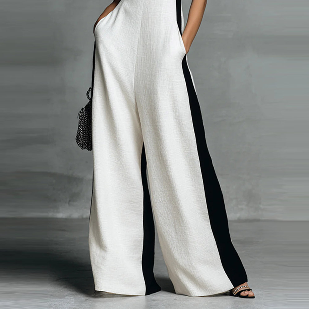 Women's Black and White Colorblock Spaghetti Strap Deep V-Neck Jumpsuit