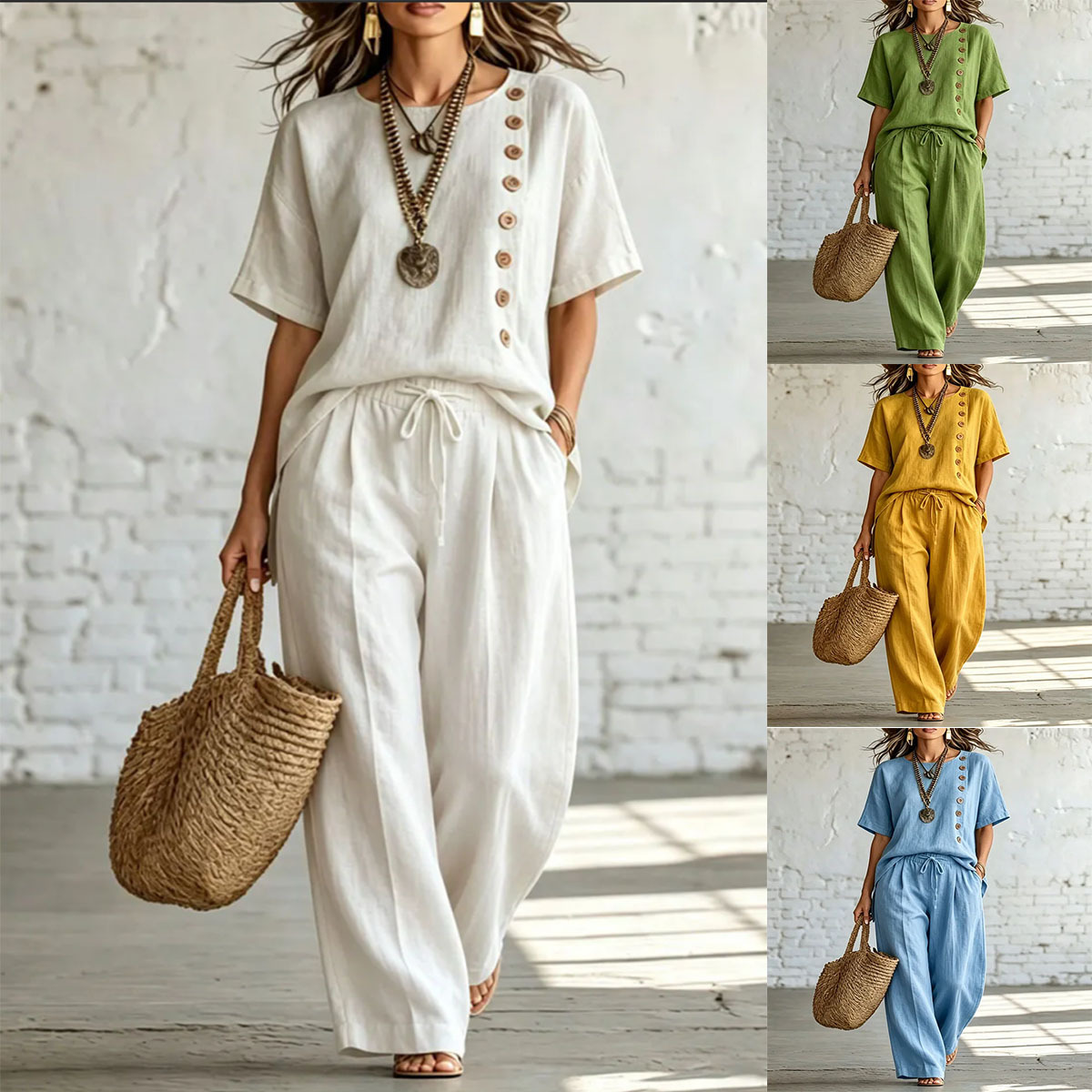 Women's Short Sleeve Side Button Loose Two-Piece Pant Set