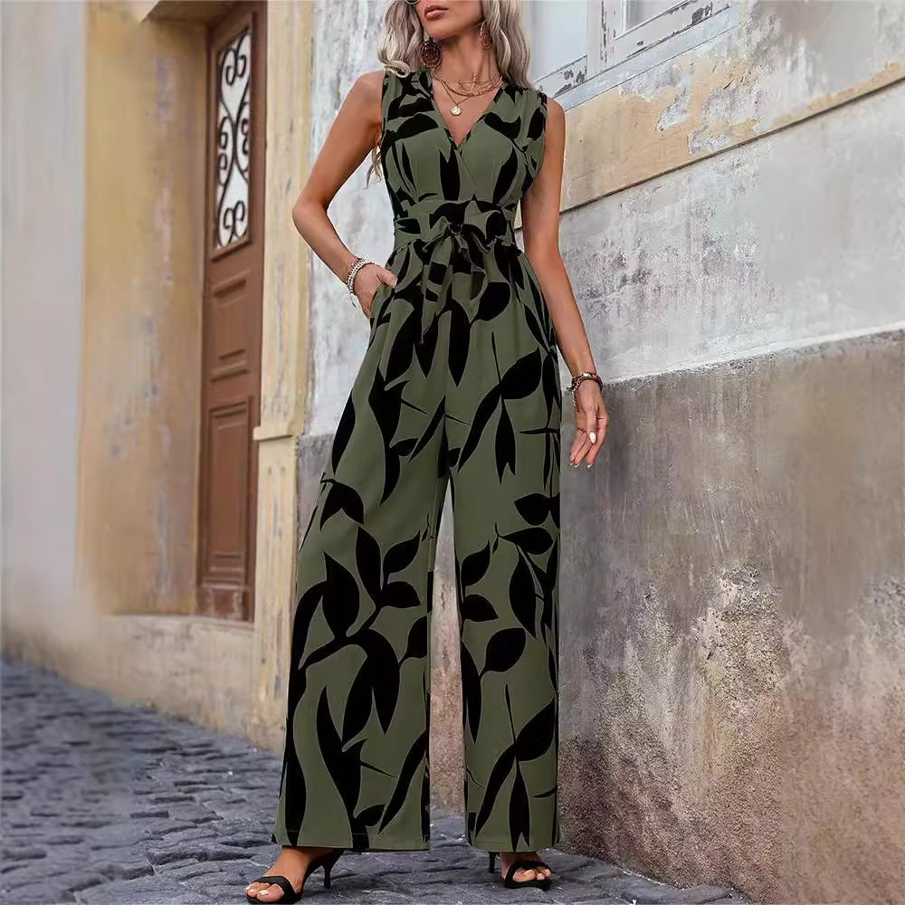 Sleeveless Printed High-Waist Tie Wide-Leg Jumpsuit for Women