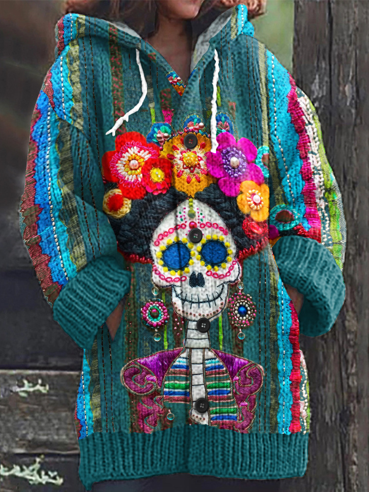 Women's Halloween Zombie Floral Print Hooded Button Cardigan Sweater