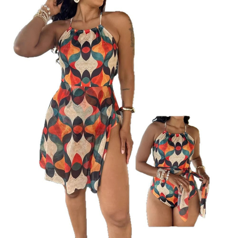 Women's Vintage Colorblock Halter Open-Back Tie Dress