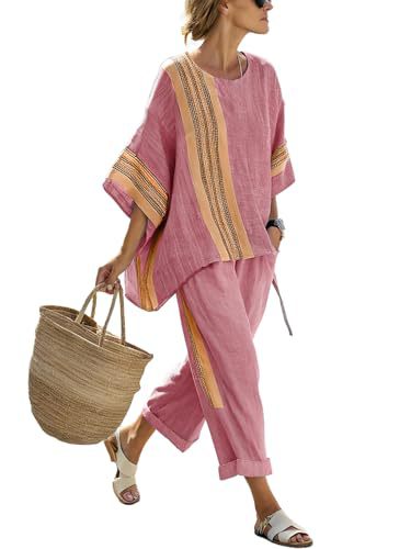 Bohemian Print Women's Two-Piece Set with Crew Neck, Three-Quarter Sleeves, and Cropped Pants