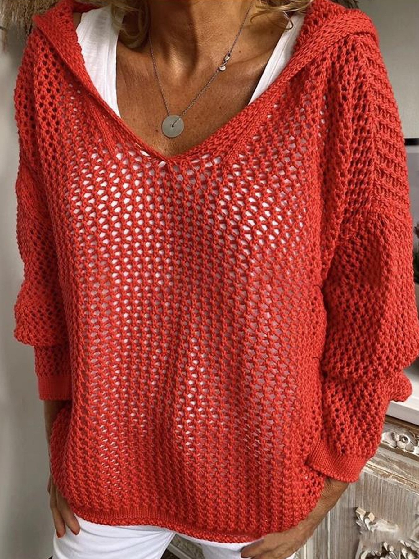 Hooded Knit Sun Protection Top Lightweight Loose Pullover