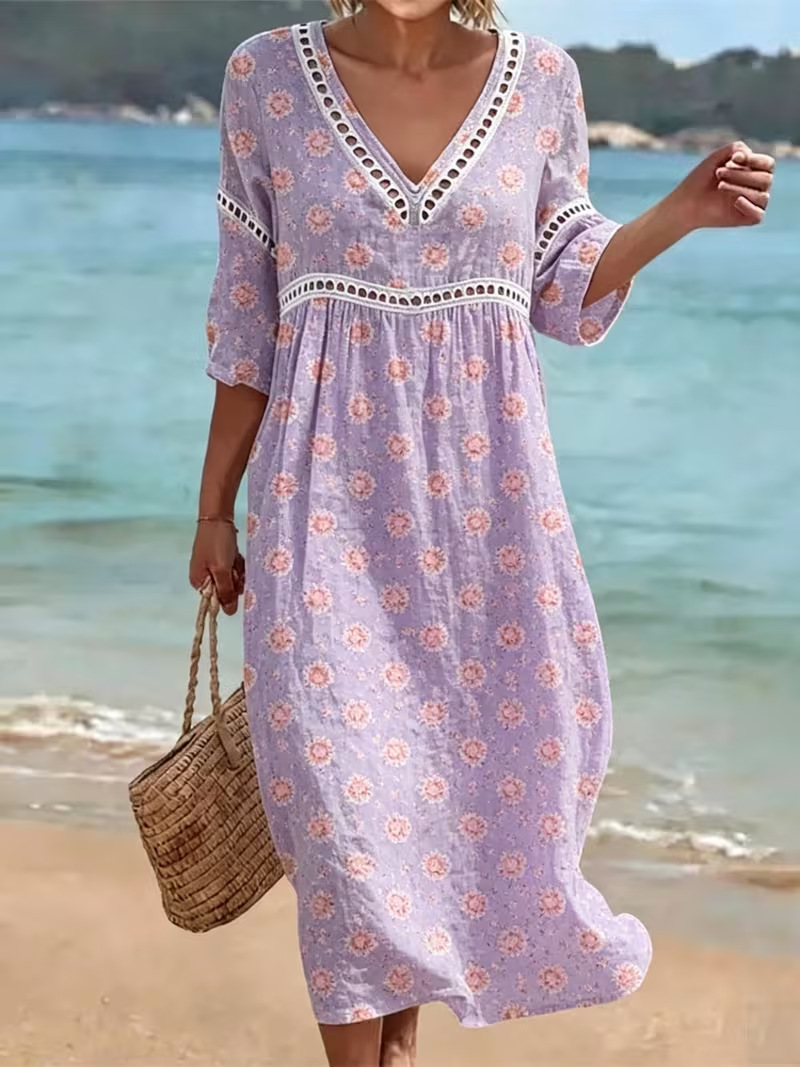 Women's Floral Polka Dot Print Pleated Midi Dress