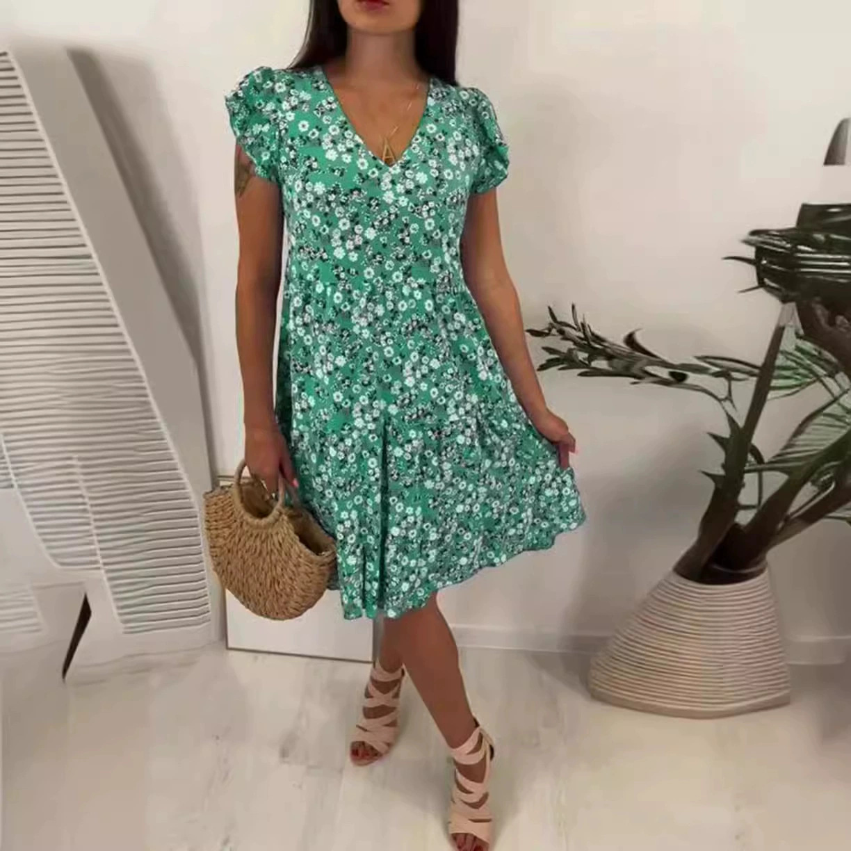 Women's Floral Print V-Neck Short Sleeve Midi Dress