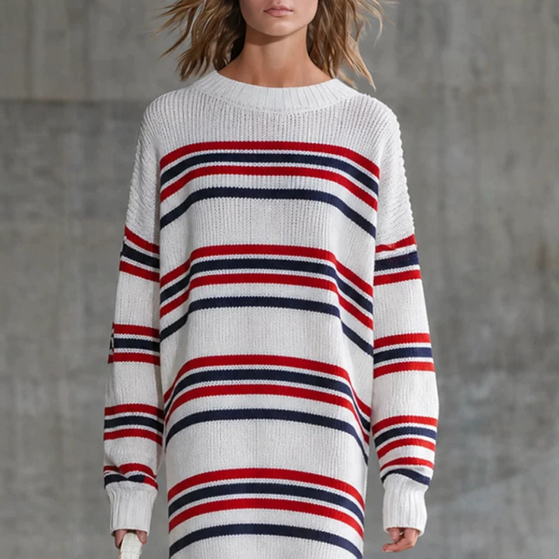 Retro Striped Long Sleeve Slit Midi Dress