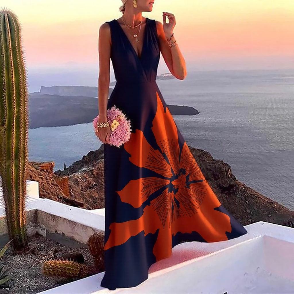 Floral Print V-Neck Sleeveless A-Line Maxi Dress