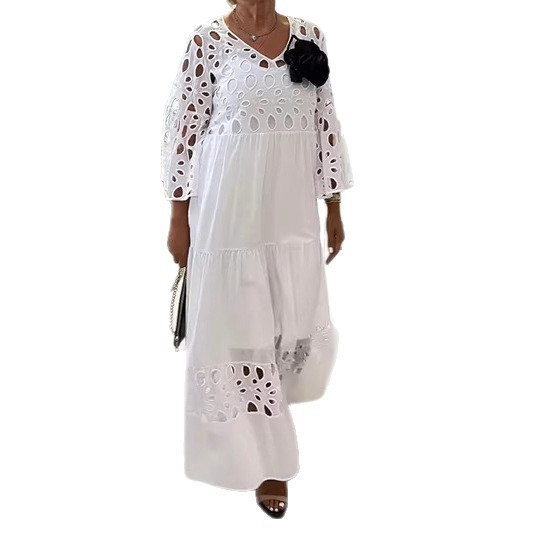 Women's V-Neck Lace Cutout Long Dress