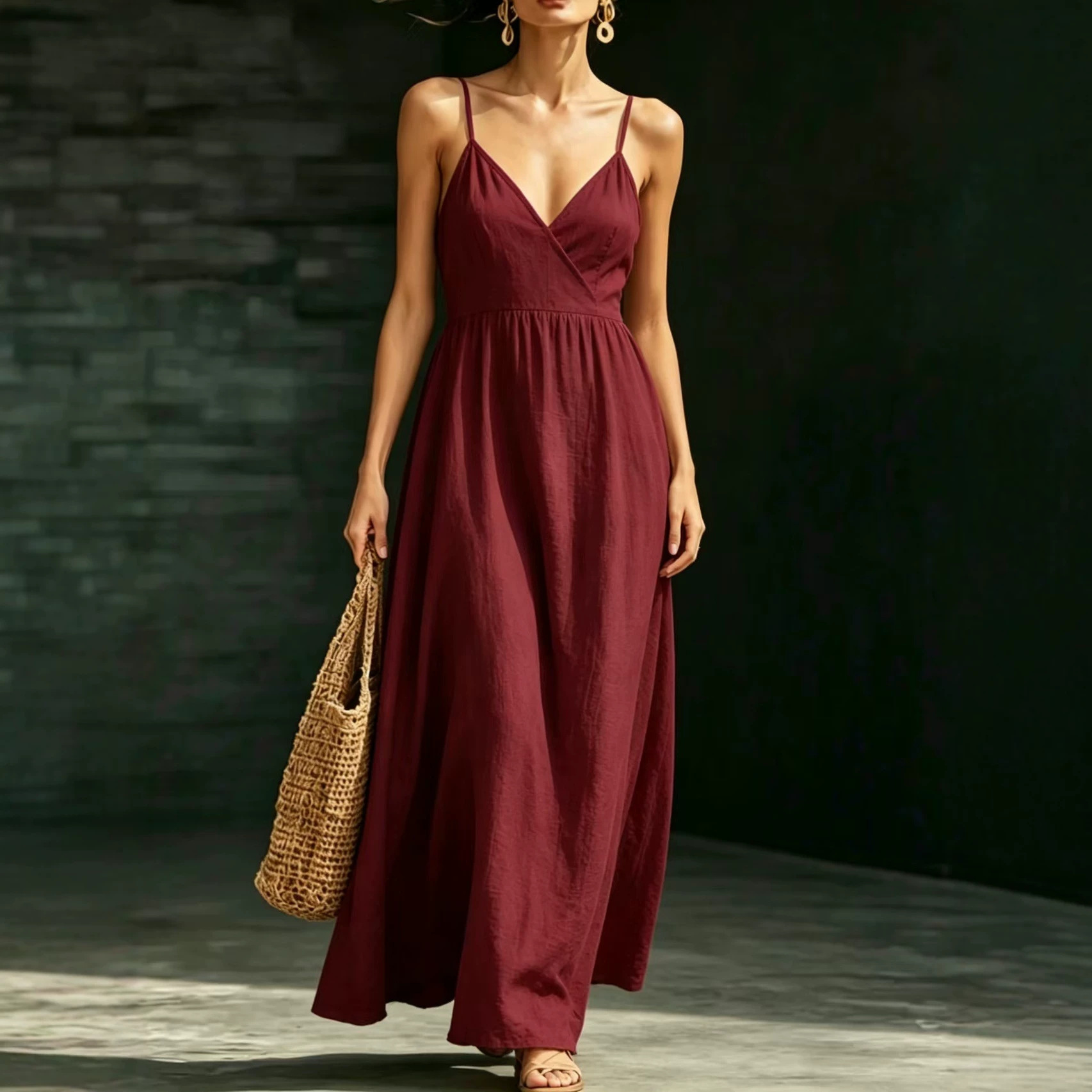 V-Neck Sleeveless Midi Dress with Pockets Elegant Casual