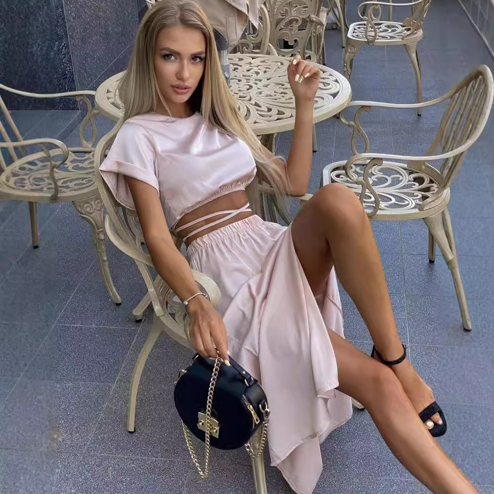 Short Sleeve Top and Slit Midi Skirt Two-Piece Set Solid Color Commuter