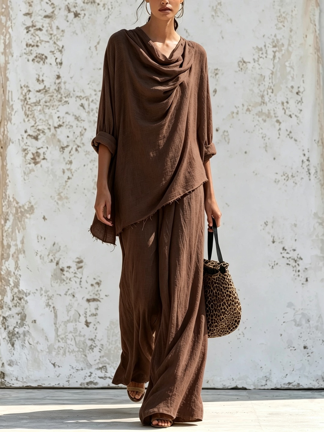 Women's Long Sleeve Frayed Trim Top & Wide Leg Pants Casual Set