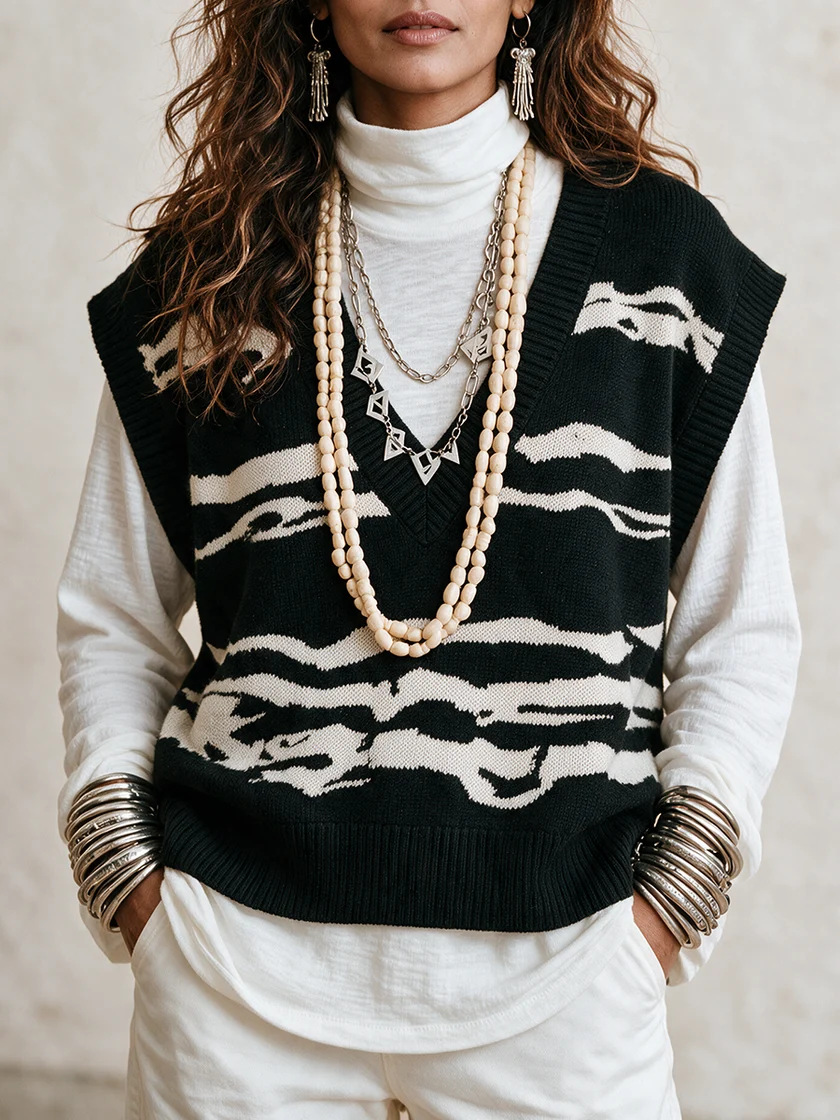 V-Neck Wavy Knit Sweater Vest Sleeveless Pullover