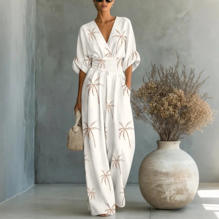 Elegant V-Neck Printed Jumpsuit with Cinched Waist