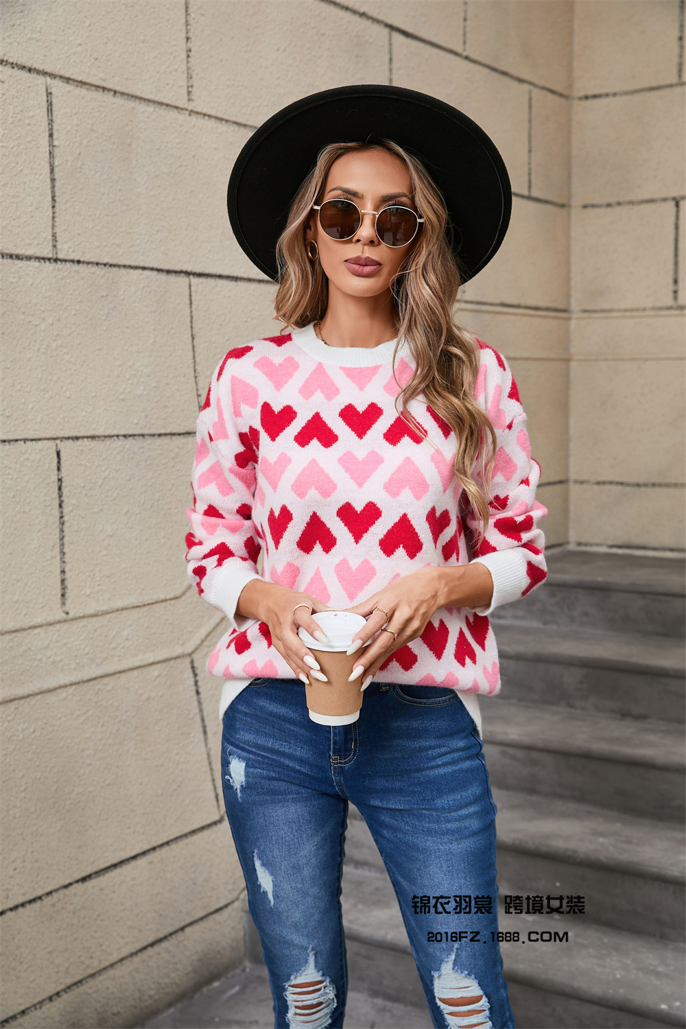 Heart Crewneck Pullover Sweater for Women