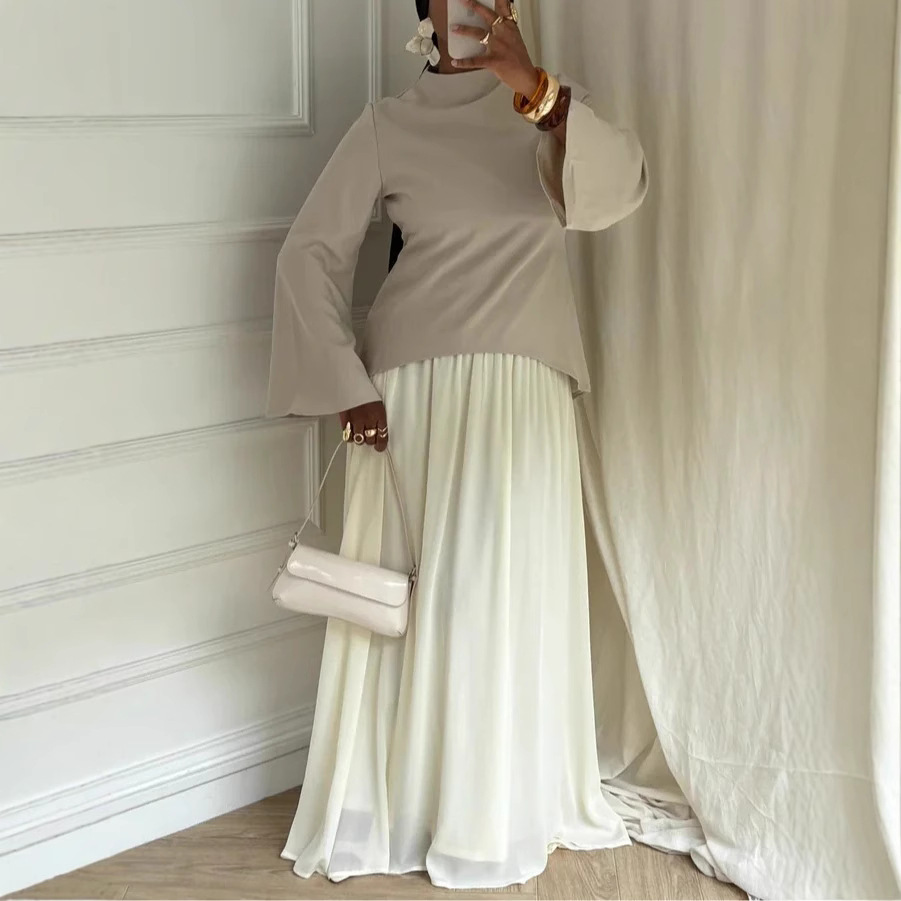 Solid Long-Sleeve Top and Lined Midi Skirt Two-Piece Set