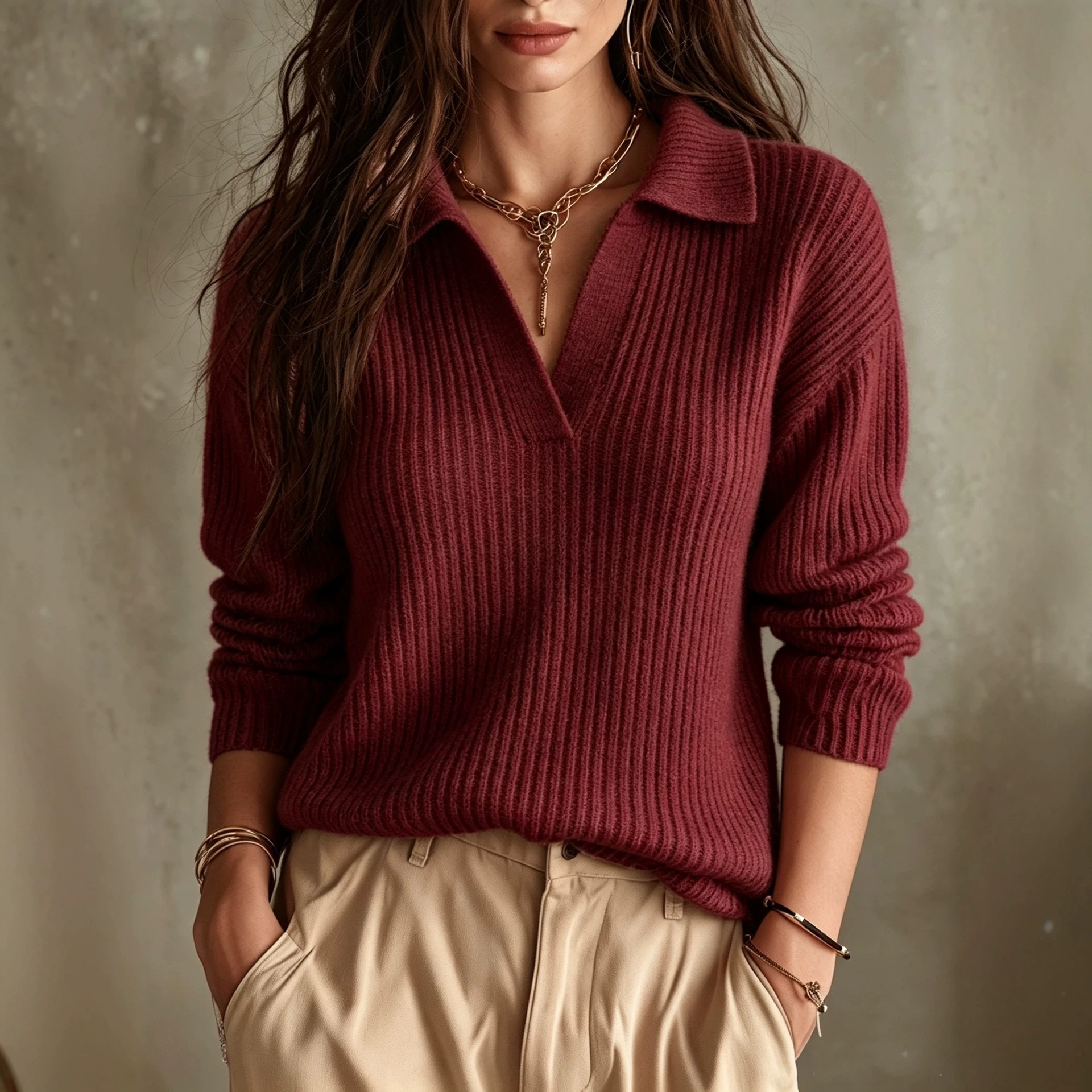Women's Ribbed Knit Polo Sweater V-Neck Long Sleeve Relaxed Fit
