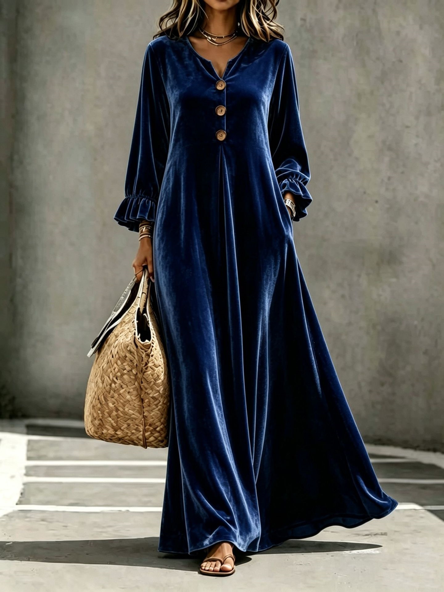 Velvet V-Neck Ruffle-Sleeve Long A-Line Dress