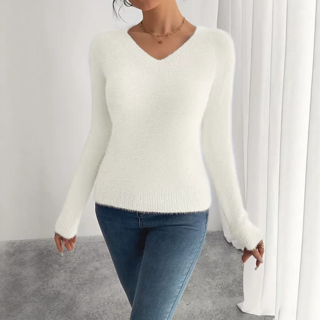 Women's V-Neck Solid Knit Sweater Soft Warm Pullover