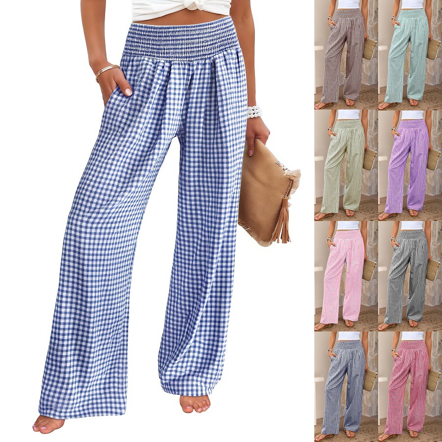 Plaid Wide-Leg High-Waist Pants with Pockets