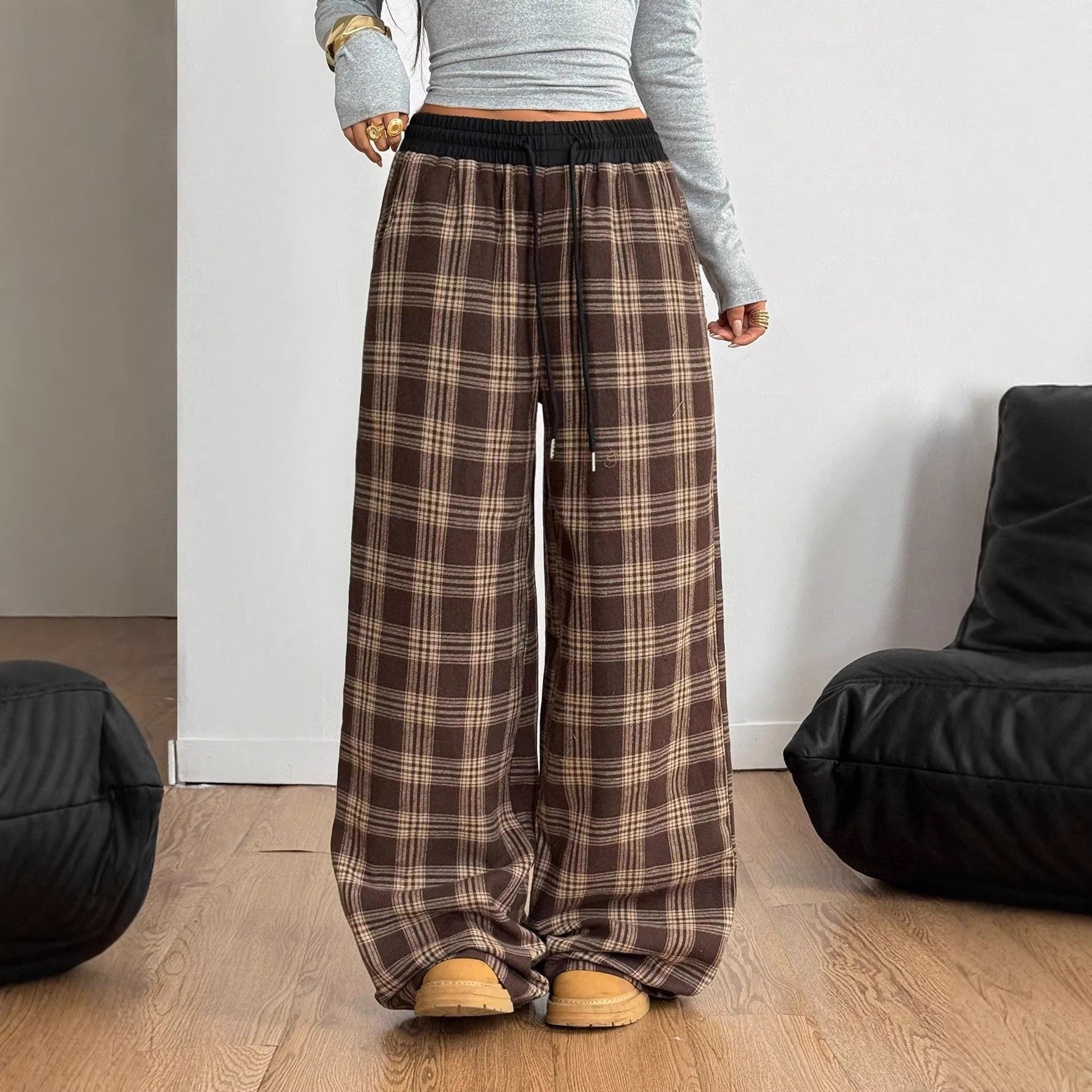 Retro Plaid Drawstring Wide-Leg Pants
