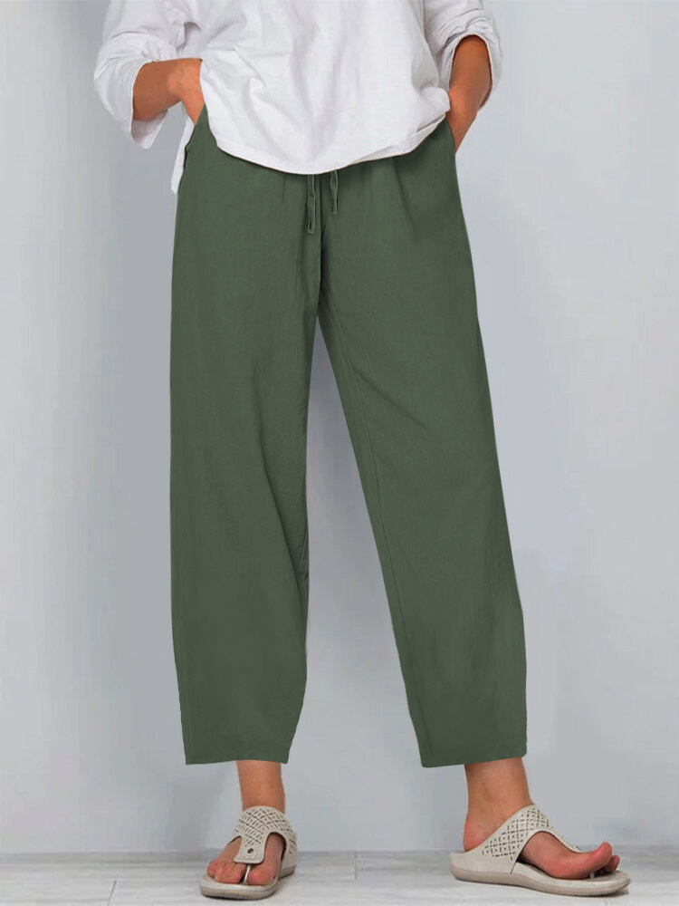 Women's Cotton-Linen Wide-Leg Pants with Elastic Waist Solid Color Casual Long Pants