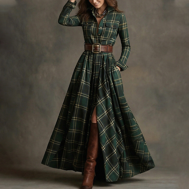 Women's Retro Plaid A-Line Long Sleeve Midi Dress with Irregular Hem