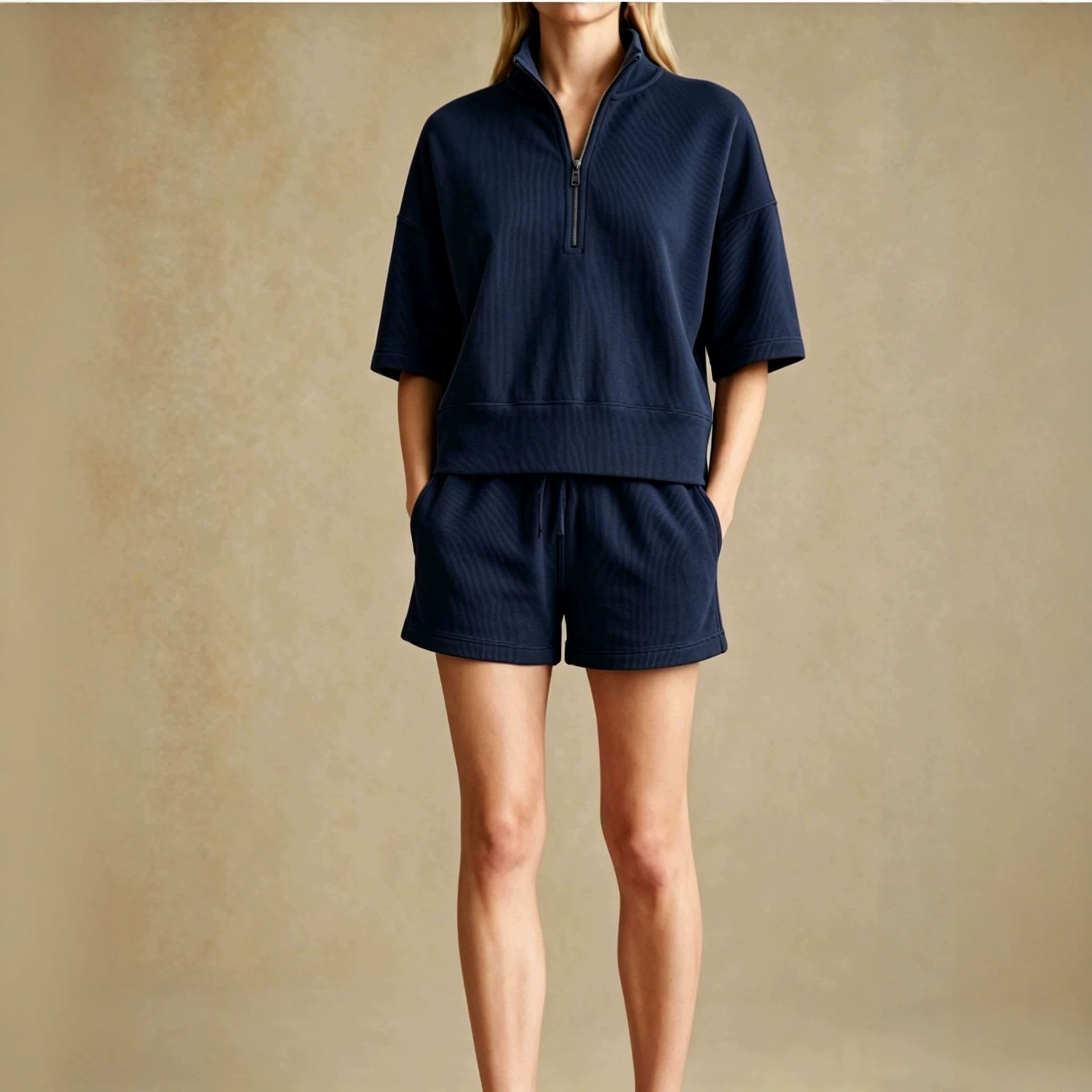 Women's Half-Zip Ribbed Short Sleeve and Shorts Athletic Set