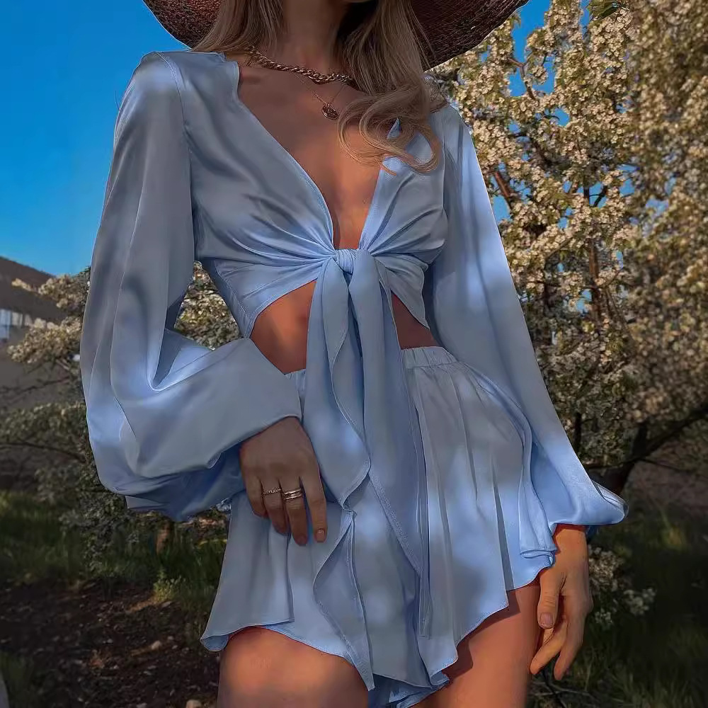 Women's French Lace-Up Long Sleeve Top and Shorts Set