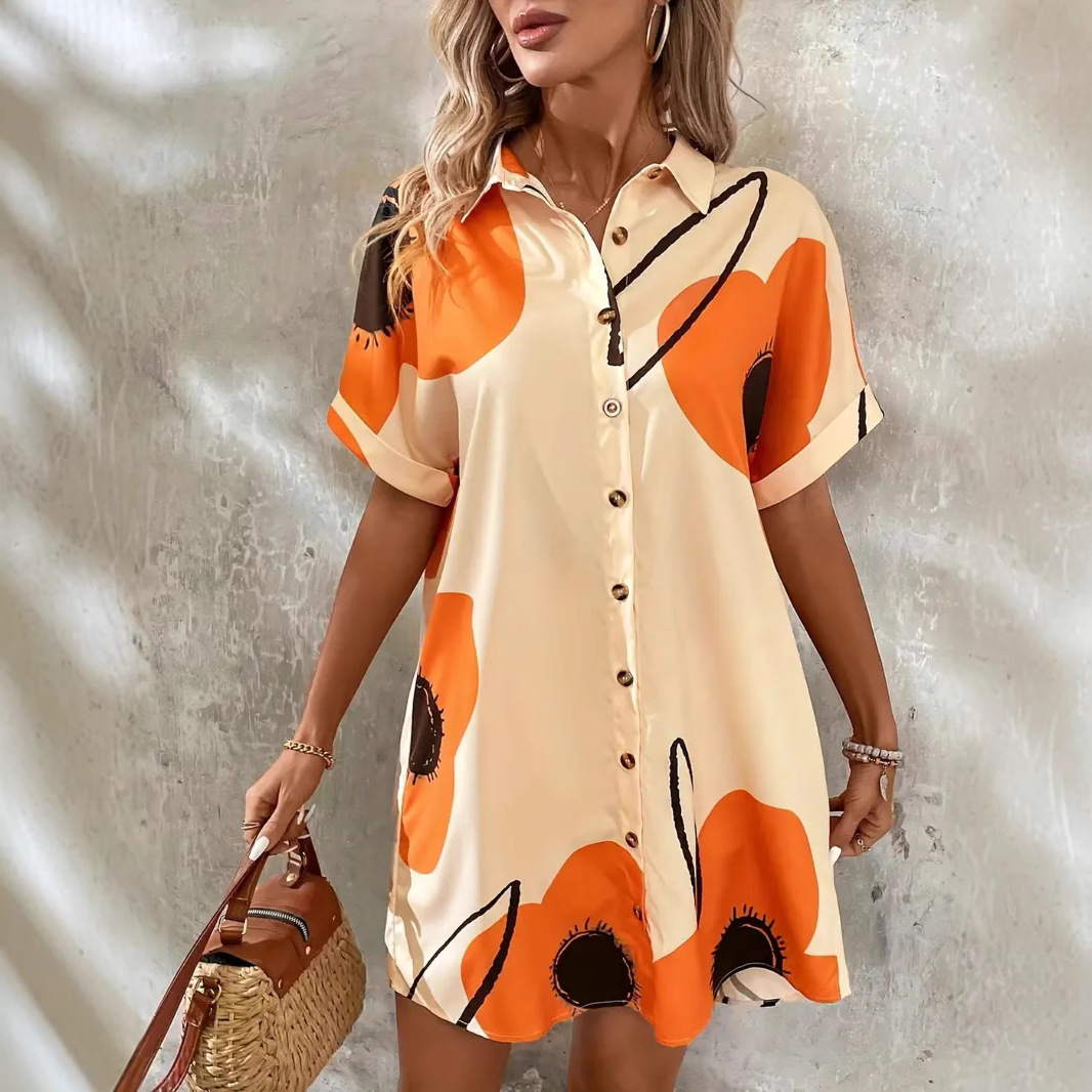 Floral Print Short Sleeve Shirt Dress Casual Women's Long Dress