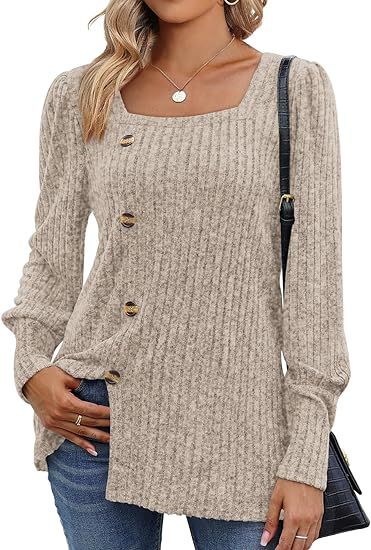 Ribbed Square Neck Puff Sleeve Split Sweater