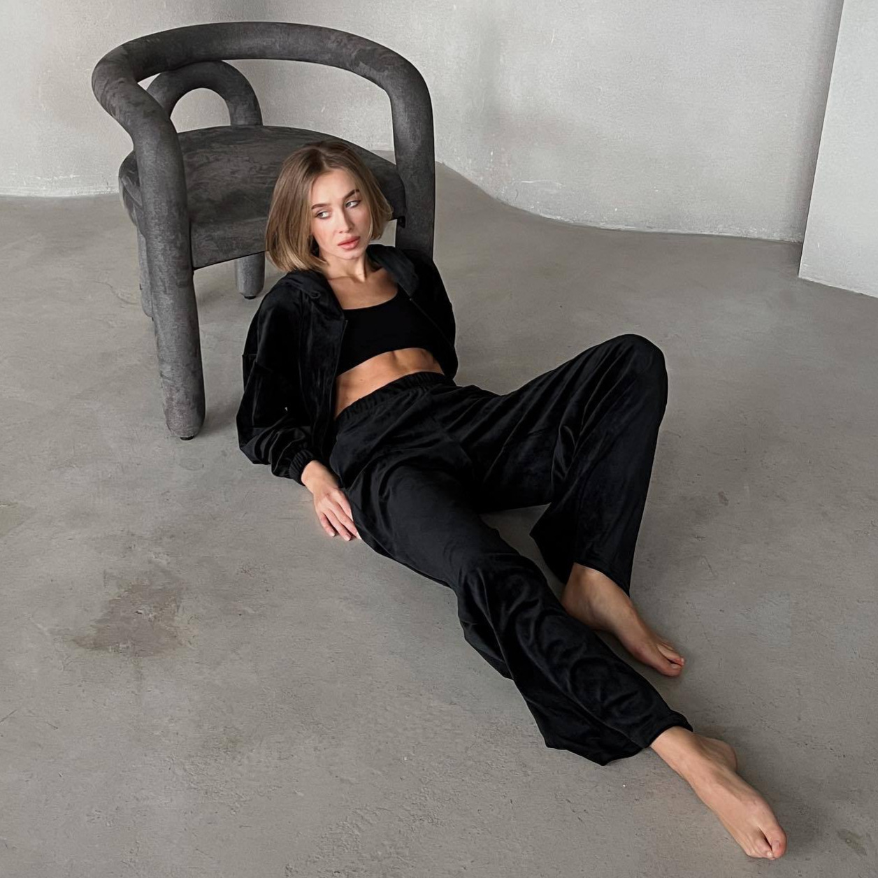 Velvet Hooded Cardigan & Straight-Leg Pants Two-Piece Set