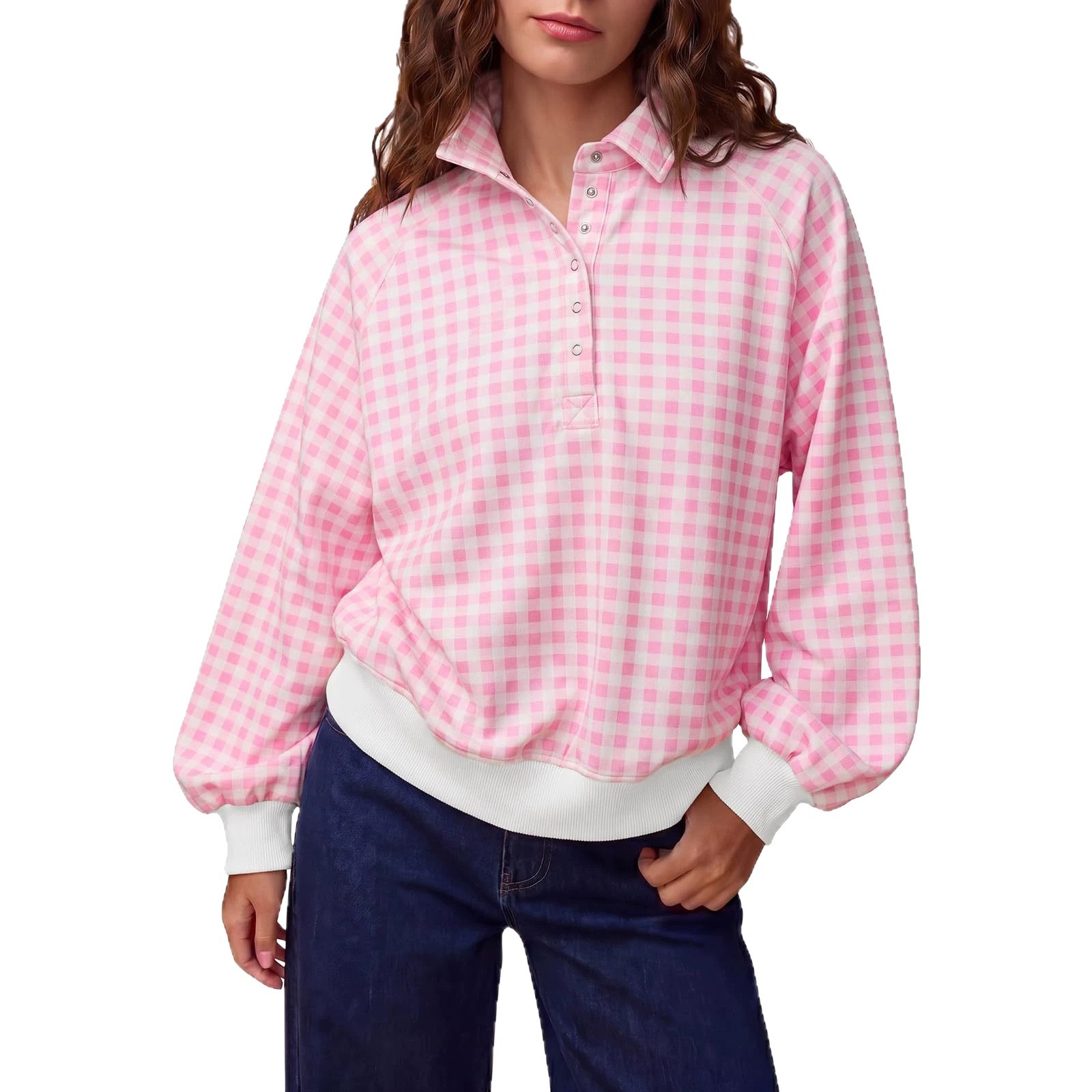 Women's Plaid Polo Neck Loose Long Sleeve Pullover Sweatshirt