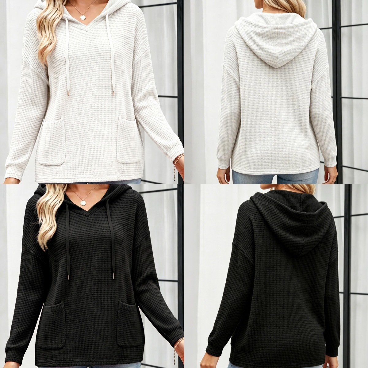 Women's Loose Hooded Knit Sweatshirt with Pockets