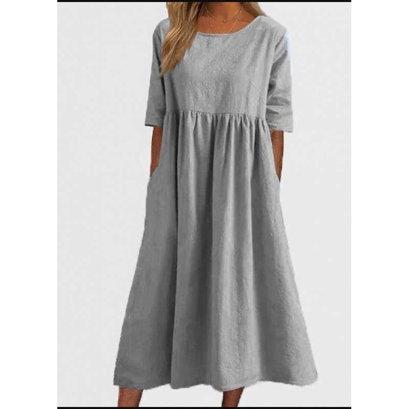 Women's Cotton Linen Round Neck Half Sleeve Loose Long Solid Dress