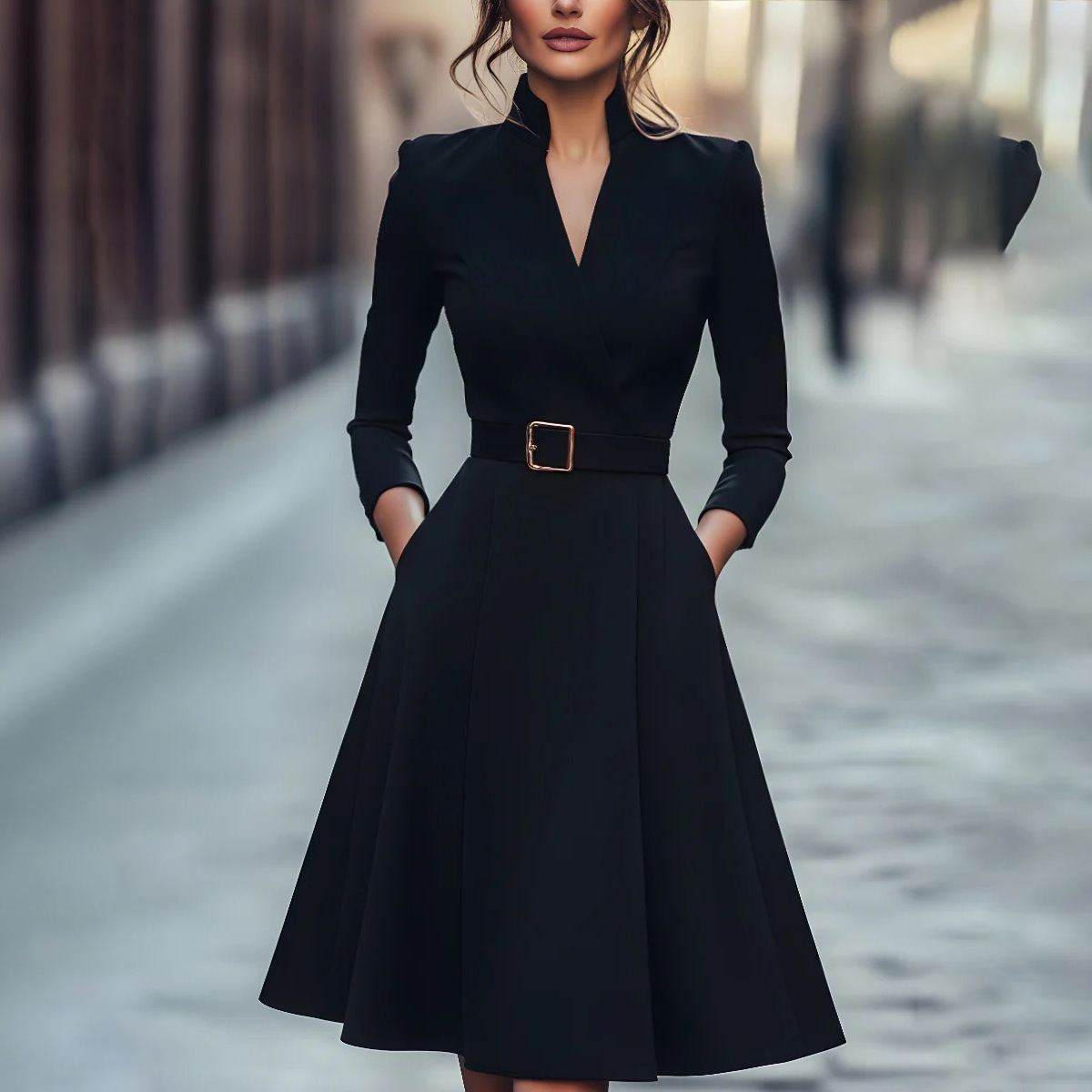 Solid V-Neck Waist-Cinched A-Line Long Sleeve Midi Dress