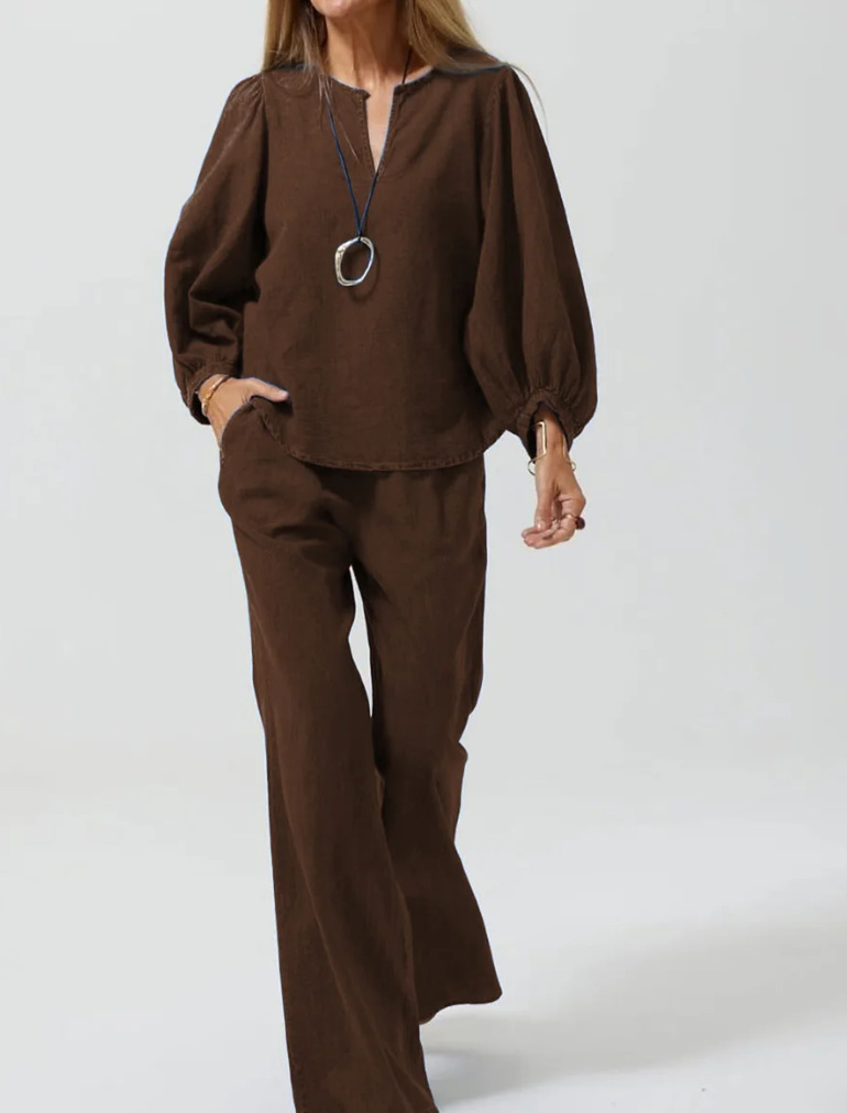 Women's Cotton-Linen V-Neck Long-Sleeve Top & Straight-Leg Pants Set
