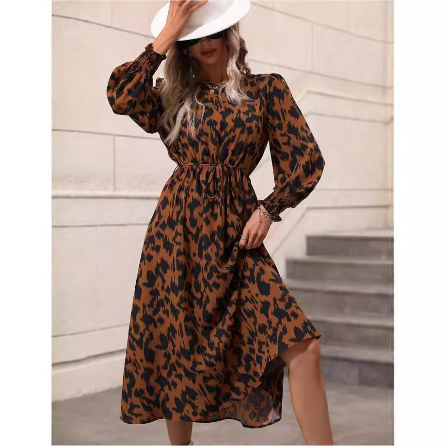 Leopard Print Tie-Waist Long Sleeve Maxi Dress