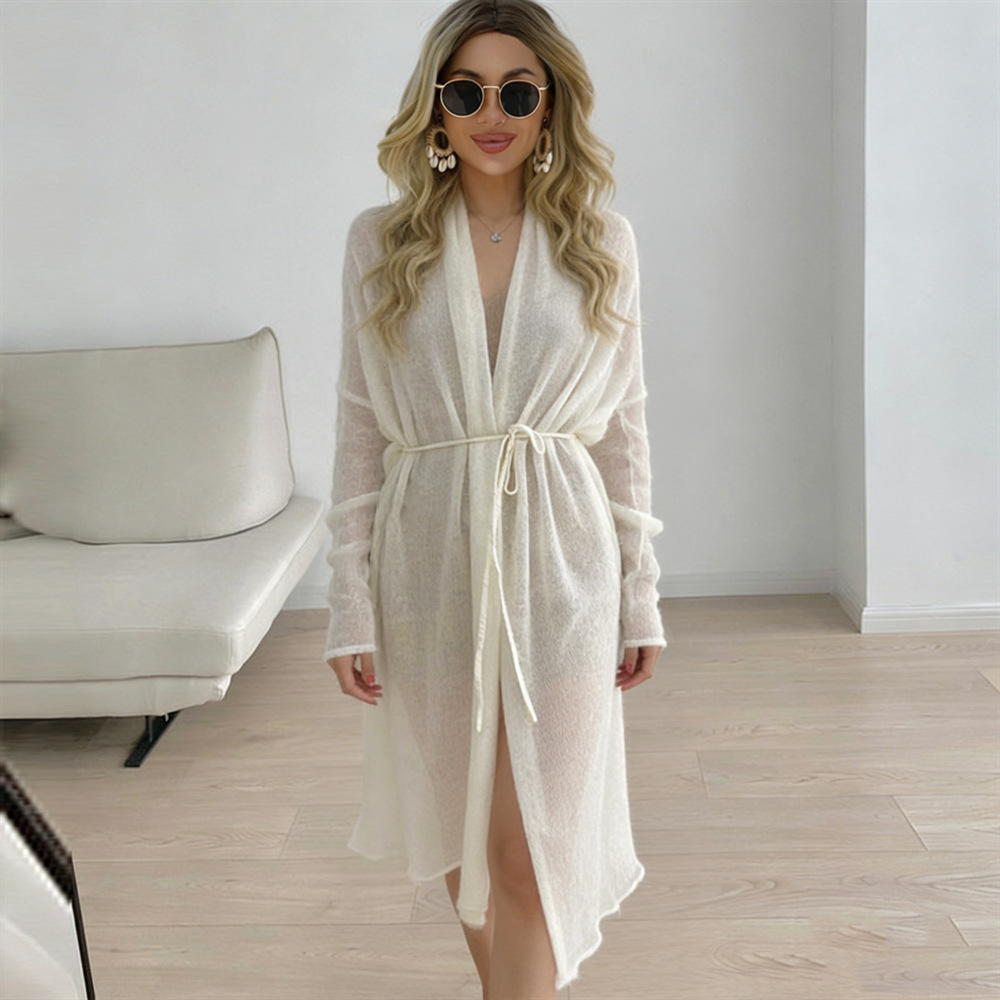 Women's Lightweight Mohair-Blend Knit Cardigan Loose Long Tie-Front