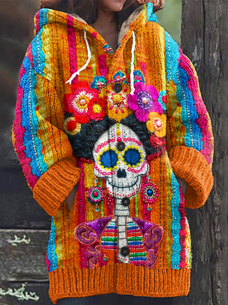 Women's Halloween Zombie Floral Print Hooded Button Cardigan Sweater