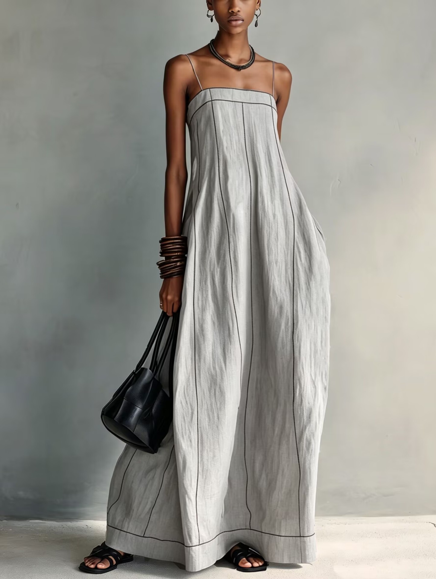 Women's Contrast Stitch Linen-Blend Sleeveless Maxi Dress Relaxed Fit