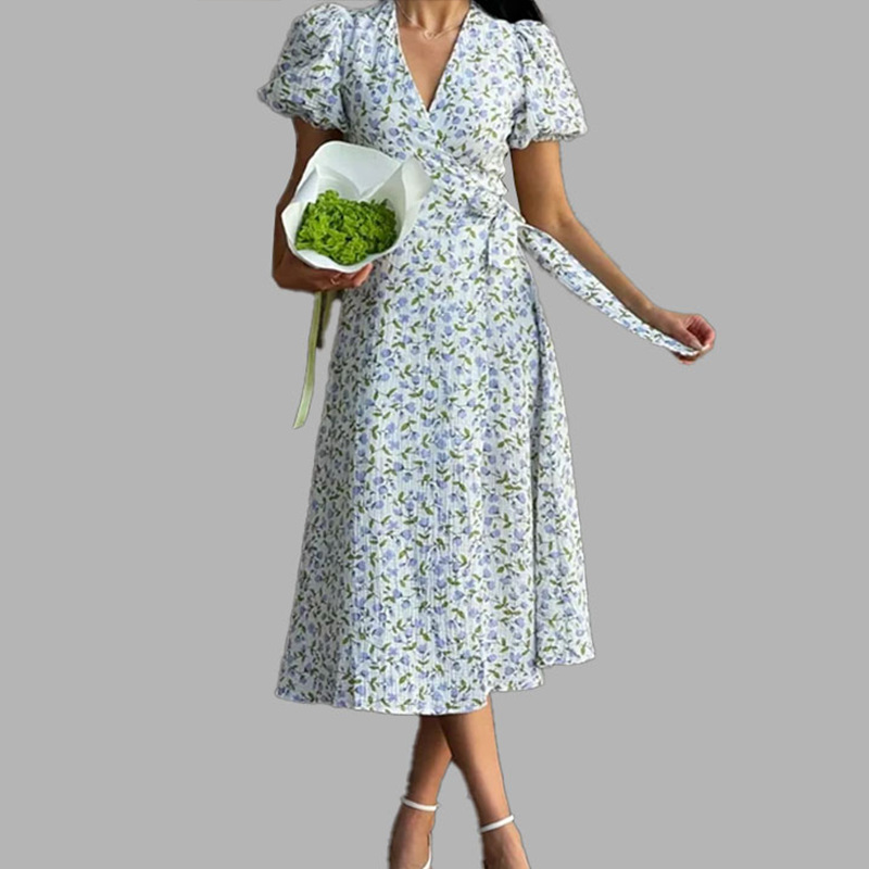 Floral Print Puff Sleeve High Waist Long Dress