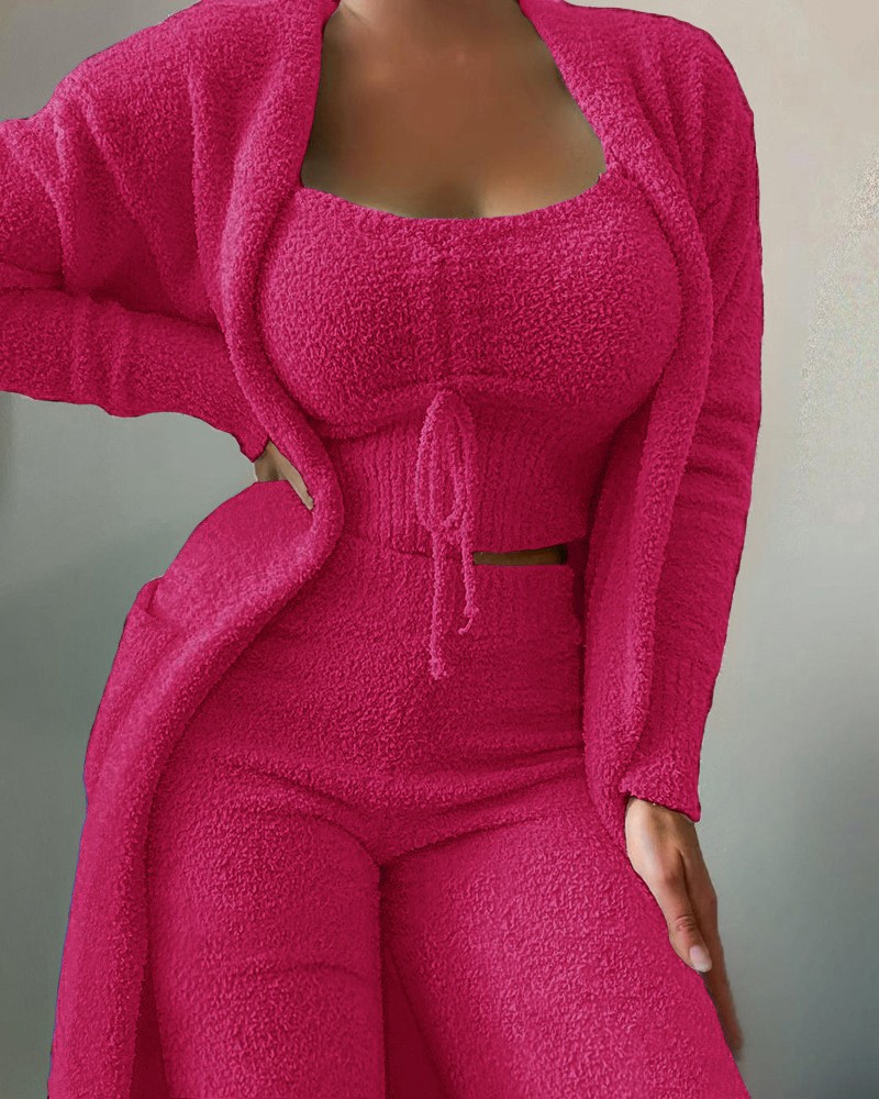 Women's Plush 3-Piece Tie Lounge Set with Pockets