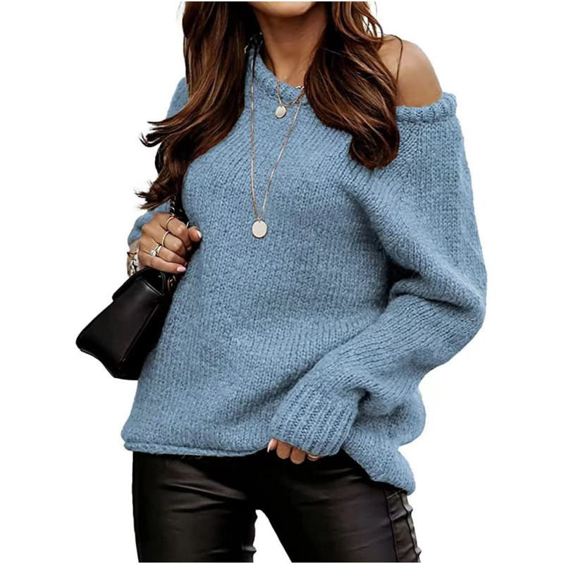 Off-Shoulder Crewneck Pullover Knit Sweater Solid Color Loose Fit