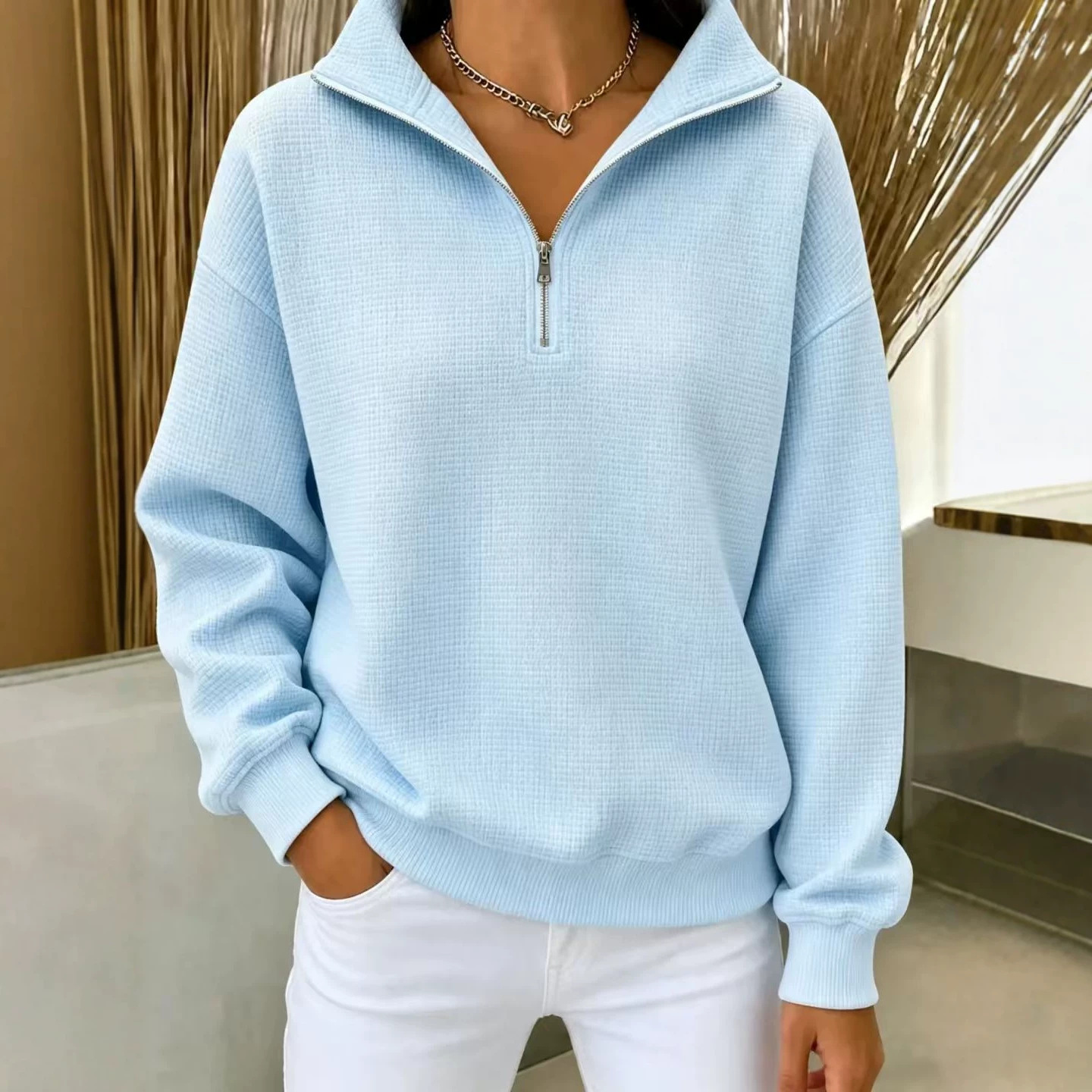 Women's Waffle Knit Solid Stand Collar Zip-Up Long Sleeve Sweatshirt